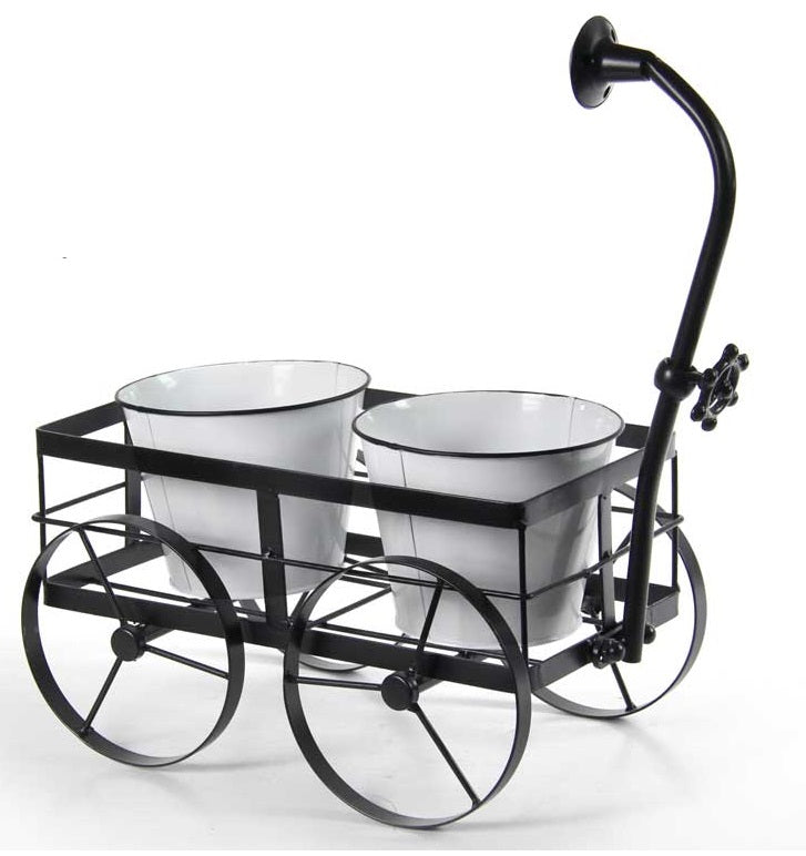 CARRETTO PORTAPIANTE CON 2 VASETTI IN METALLO 40X23X44 CM BIANCO E NERO