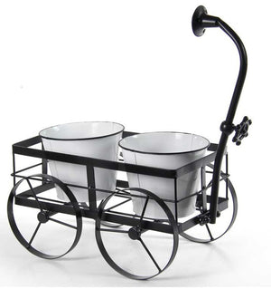 CARRETTO PORTAPIANTE CON 2 VASETTI IN METALLO 40X23X44 CM BIANCO E NERO