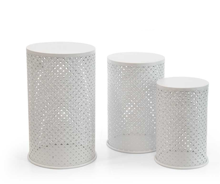 TRIS DI TAVOLINI DA ARREDO TONDI IN METALLO BIANCO IN DIFFERENTI MISURE