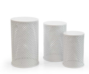 TRIS DI TAVOLINI DA ARREDO TONDI IN METALLO BIANCO IN DIFFERENTI MISURE