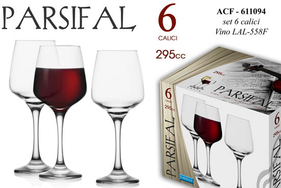 SET 6 CALICI PARSIFAL DA VINO IN VETRO DA 295CC