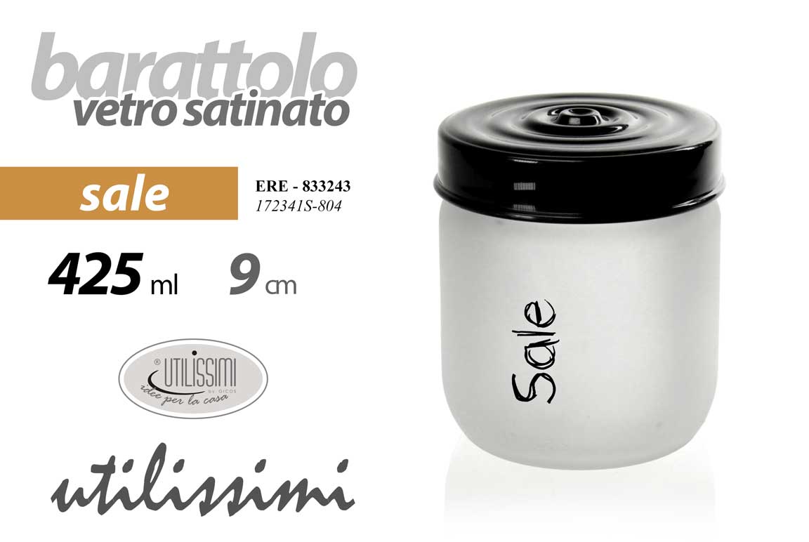 BARATTOLO TONDO IN VETRO SATINATO PER SALE DA 425CC 9CM TOP NERO
