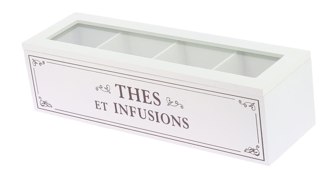 SCATOLA PER TÈ RETTANGOLARE, BIANCO, 4 SCOMPARTI 33X10X9 CM