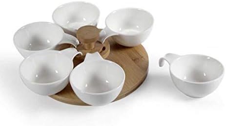 ANTIPASTIERA BIANCA CON 6 CIOTOLINE SUPPORTO IN LEGNO 33 X 9 CM