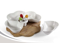 ANTIPASTIERA BIANCA QUADRIFOGLIO CON SUPPORTO IN LEGNO 25X5 CM