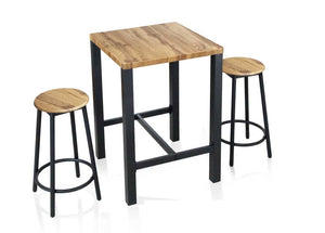 SET TAVOLO E 2 SGABELLI IN METALLO CON TOP E SEDUTE IN LEGNO NATURALE