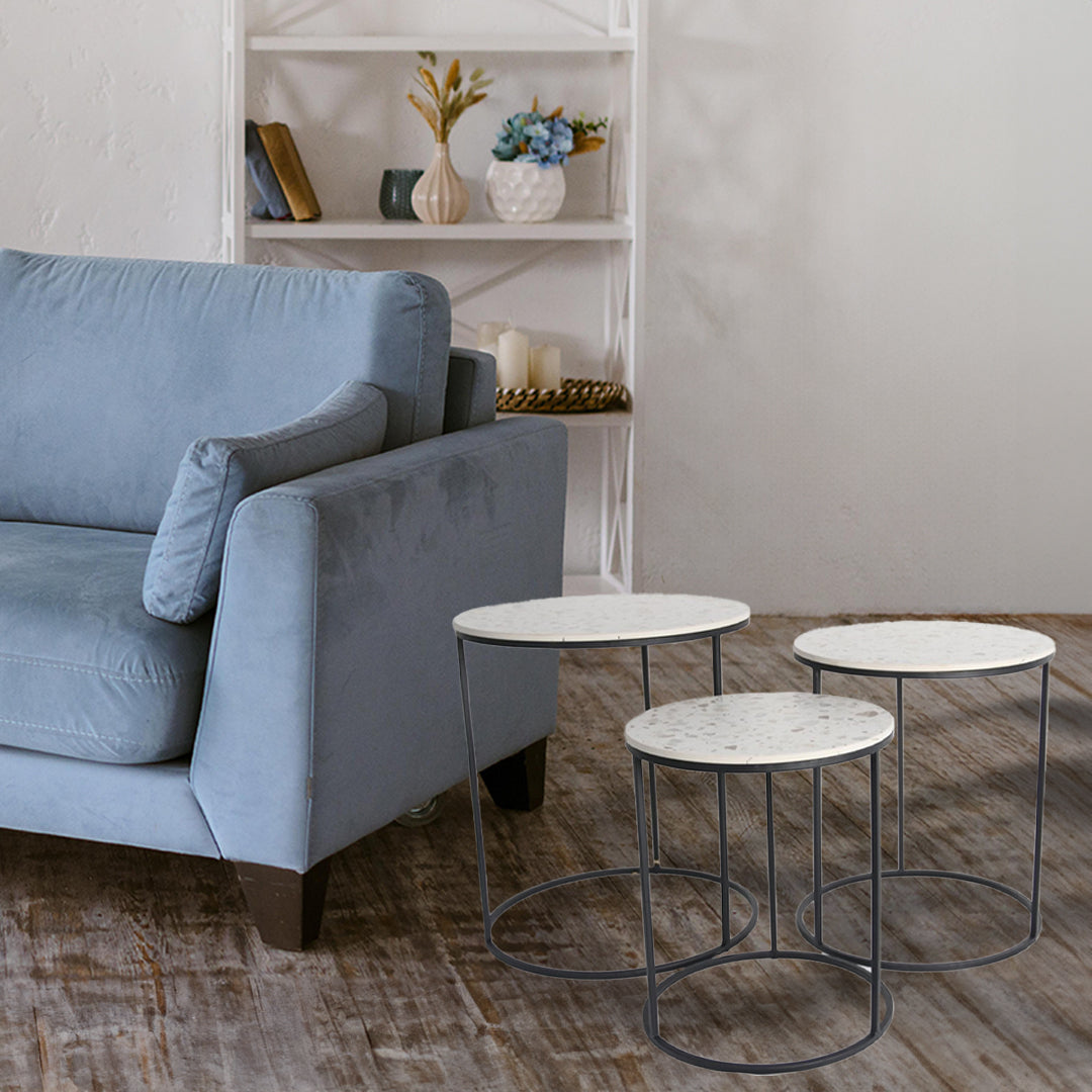 SET 3 TAVOLINI TONDI DA CAFFÈ 45X50/40X47H/35X40H CM CON TOP BIANCO