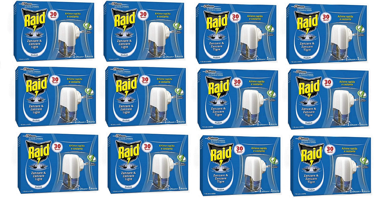 SET 12 CONFEZIONI DI RAID DIFFUSORE PIÙ RICARICA LIQUIDO 30 NOTTI