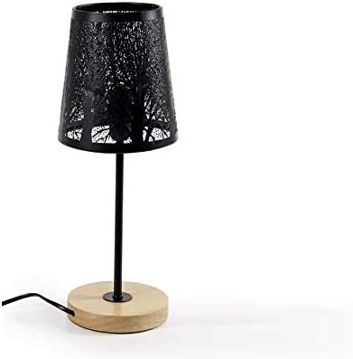 LAMPADA LUMETTO CON PARALUME FLOREALE IN COLRE NERO E BASE IN LEGNO 15XH35 CM