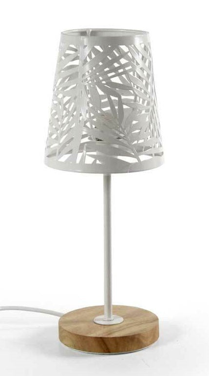 LAMPADA LUMETTO CON PARALUME A FOGLIA BIANCO E BASE IN LEGNO TONDA14 X 35 CM