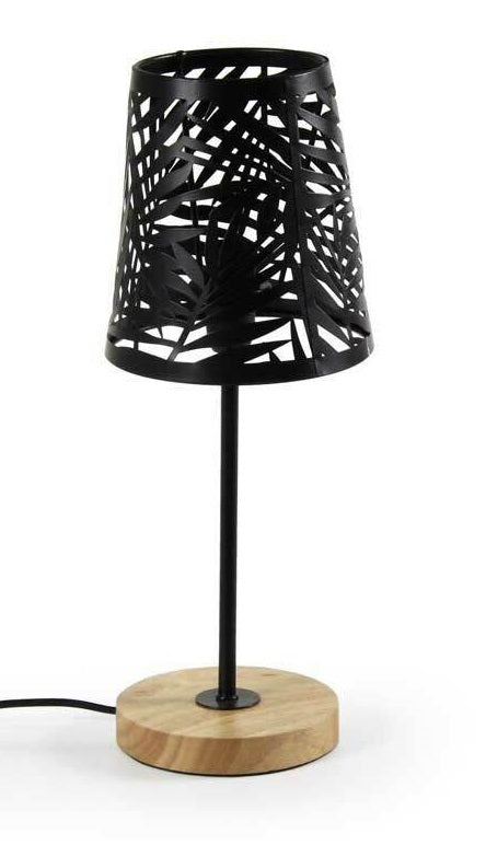 LAMPADA DA TAVOLO CON PARALUME A FOGLIA NERO E BASE TONDA IN LEGNO 14 X 35 CM