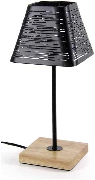 LAMPADA LUMETTO DA TAVOLO CON PARALUME NERO E BASE QUADRATA IN LEGNO 15 X H34 CM