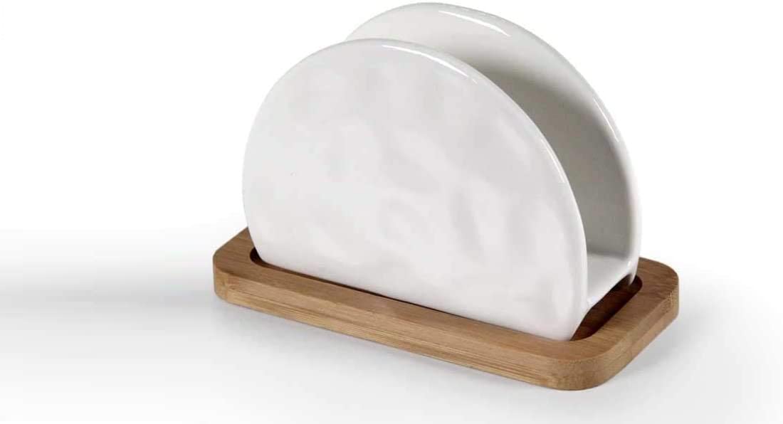 PORTATOVAGLIOLI IN CERAMICA BIANCA CON BASE DI LEGNO 14 X 7 X H9 CM