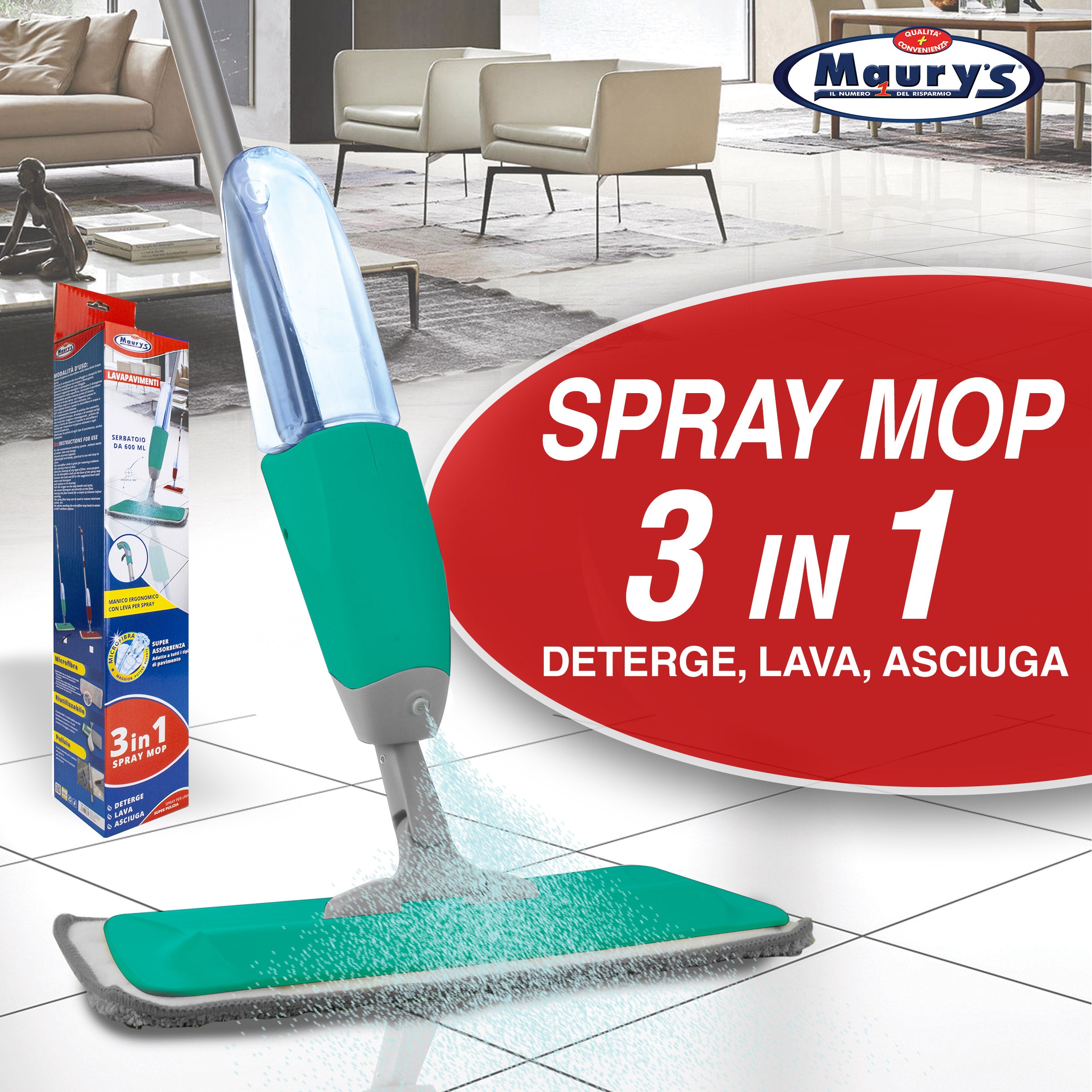 MAURY'S SPRAY MOP VAPORIZZATORE 600ML CON 3 RICAMBI DI PANNO IN MICROFIBRA