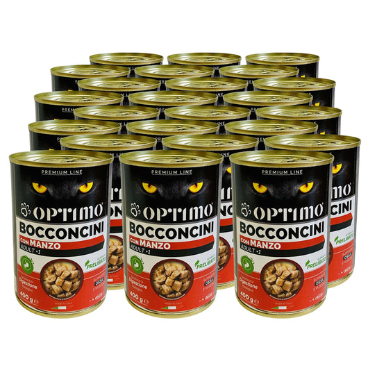 OPTIMO SET 24 BOCCONCINI PER GATTO AL GUSTO DI MANZO DA 400 GR