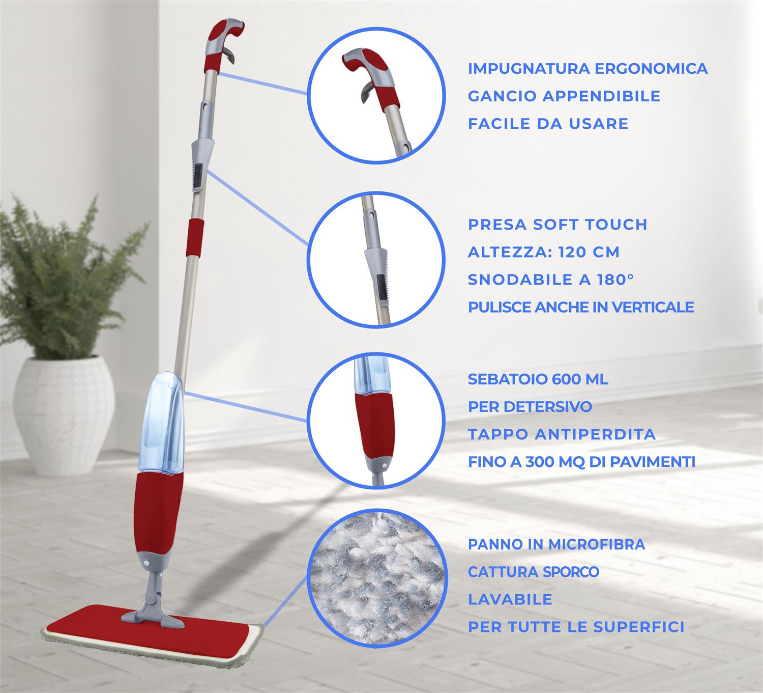 MAURY'S SPRAY MOP VAPORIZZATORE 600ML CON 3 RICAMBI DI PANNO IN MICROFIBRA