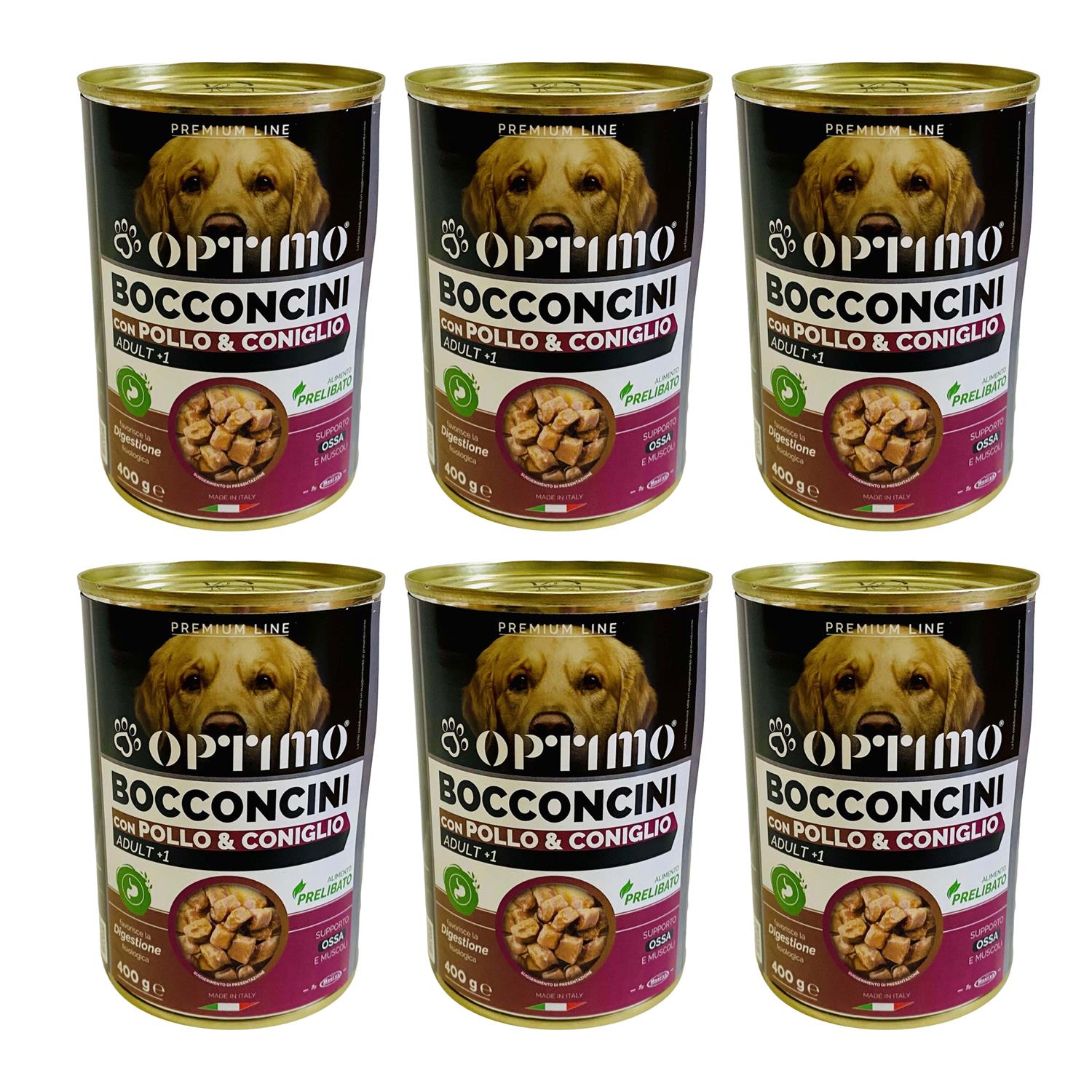 KIT SET 6 PZ OPTIMO BOCCONCINI PER CANE AL GUSTO POLLO E CONIGLIO DA 400 GR