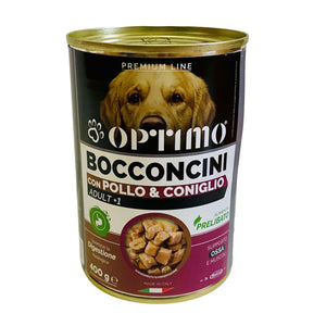 KIT SET 6 PZ OPTIMO BOCCONCINI PER CANE AL GUSTO POLLO E CONIGLIO DA 400 GR