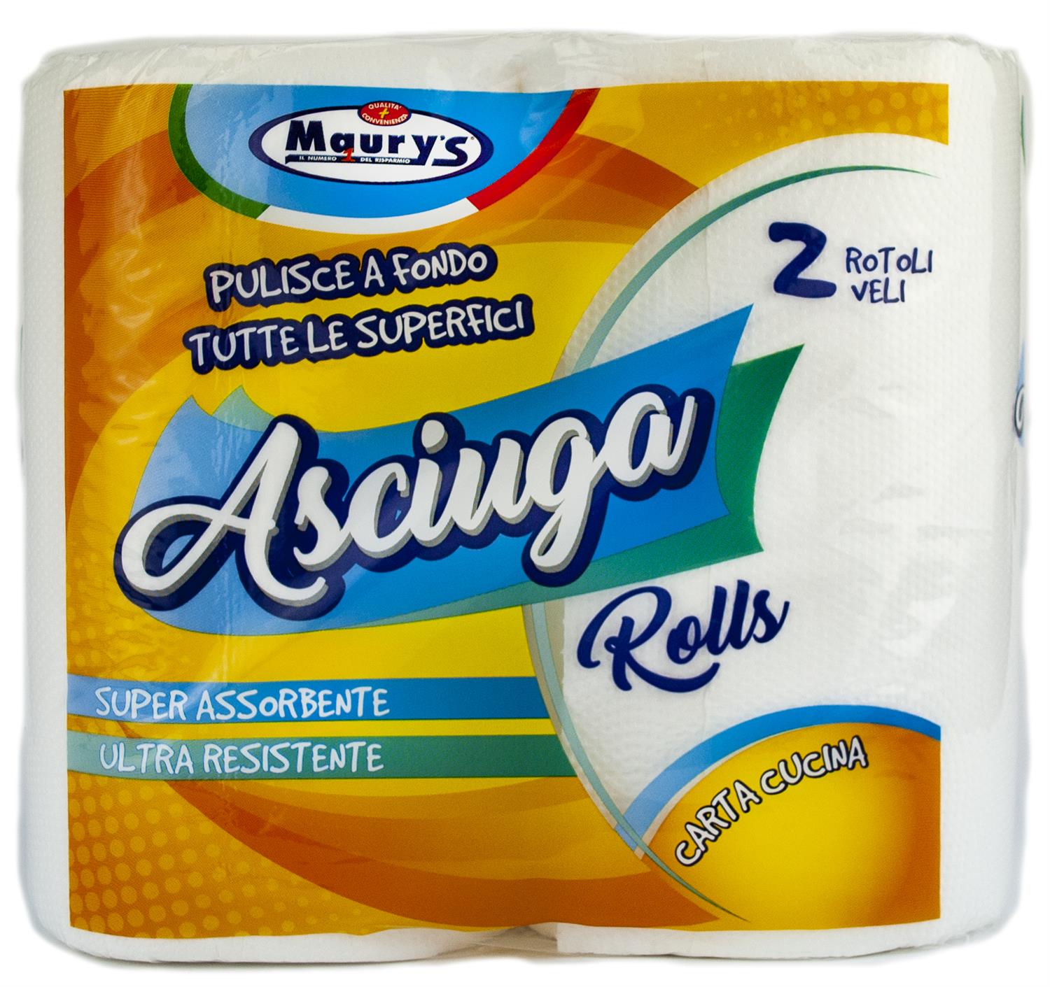 KIT SET 3 PZ MAURY'S CARTA ASCIUGATUTTO CUCINA 2 ROTOLI 2 VELI ASCIUGAROLLS 380G