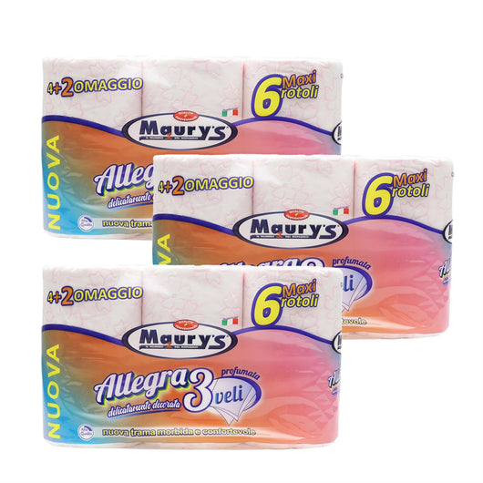 KIT SET 3 PZ MAURY'S CARTA IGIENICA 6 MAXI ROTOLI 3 VELI COLORATA PROFUMATA