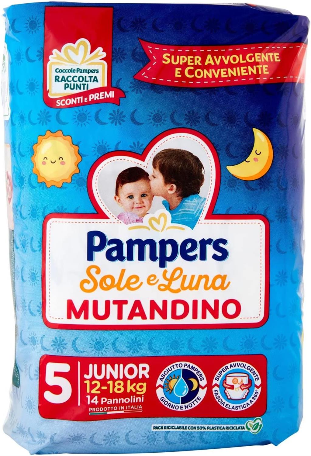 SET 6 PANNOLINI PAMPERS SOLE E LUNA MUTANDINO CONFEZIONE DA 14PZ JUNIOR TAGLIA 5