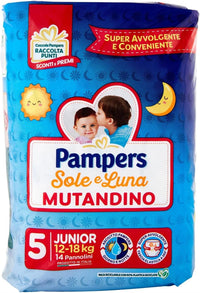 SET 6 PANNOLINI PAMPERS SOLE E LUNA MUTANDINO CONFEZIONE DA 14PZ JUNIOR TAGLIA 5