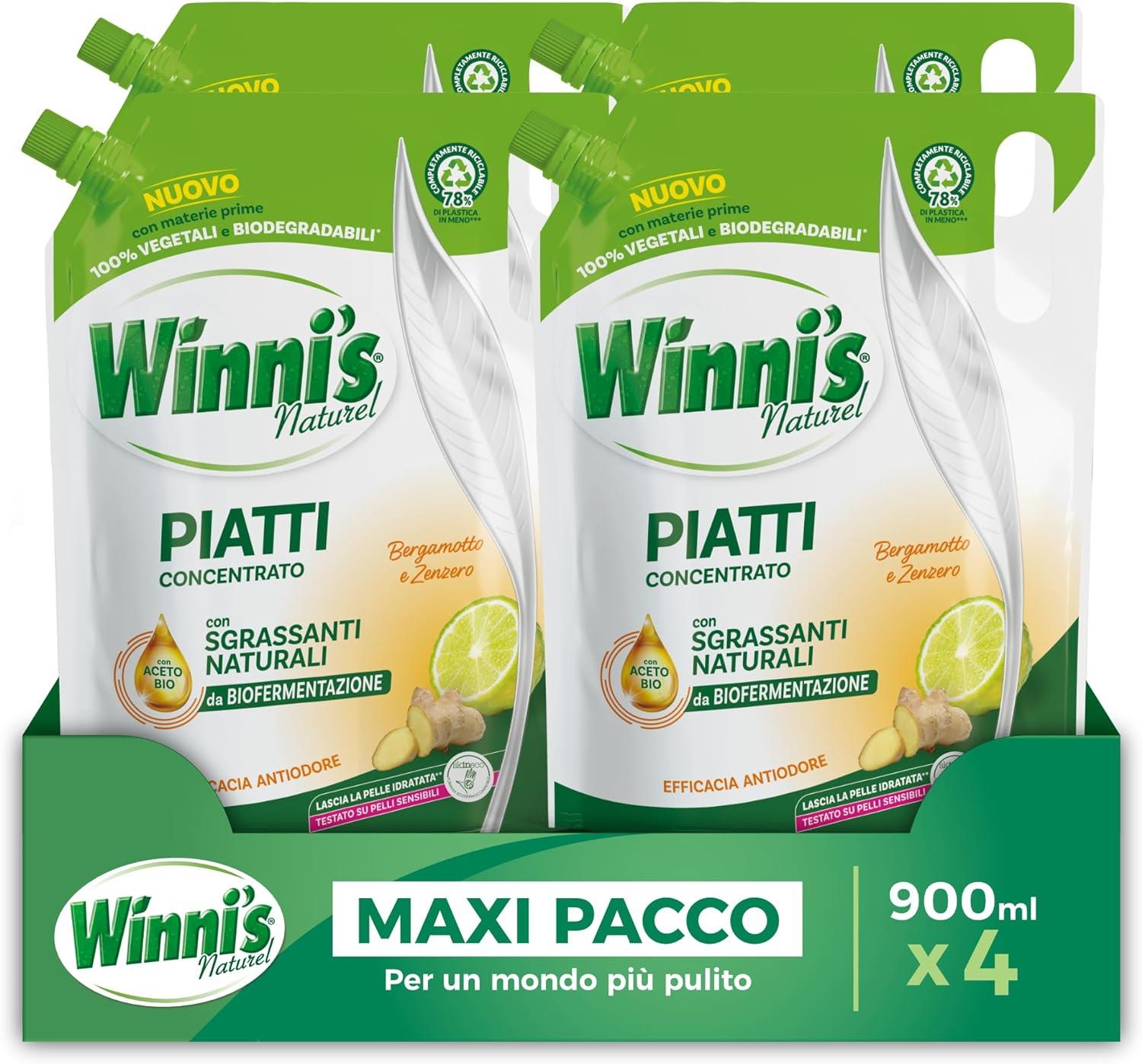 WINNI'S RICARICA SET 4 PEZZI DETERGENTE PIATTI DA 900 ML BERGAMOTTO E ZENZERO