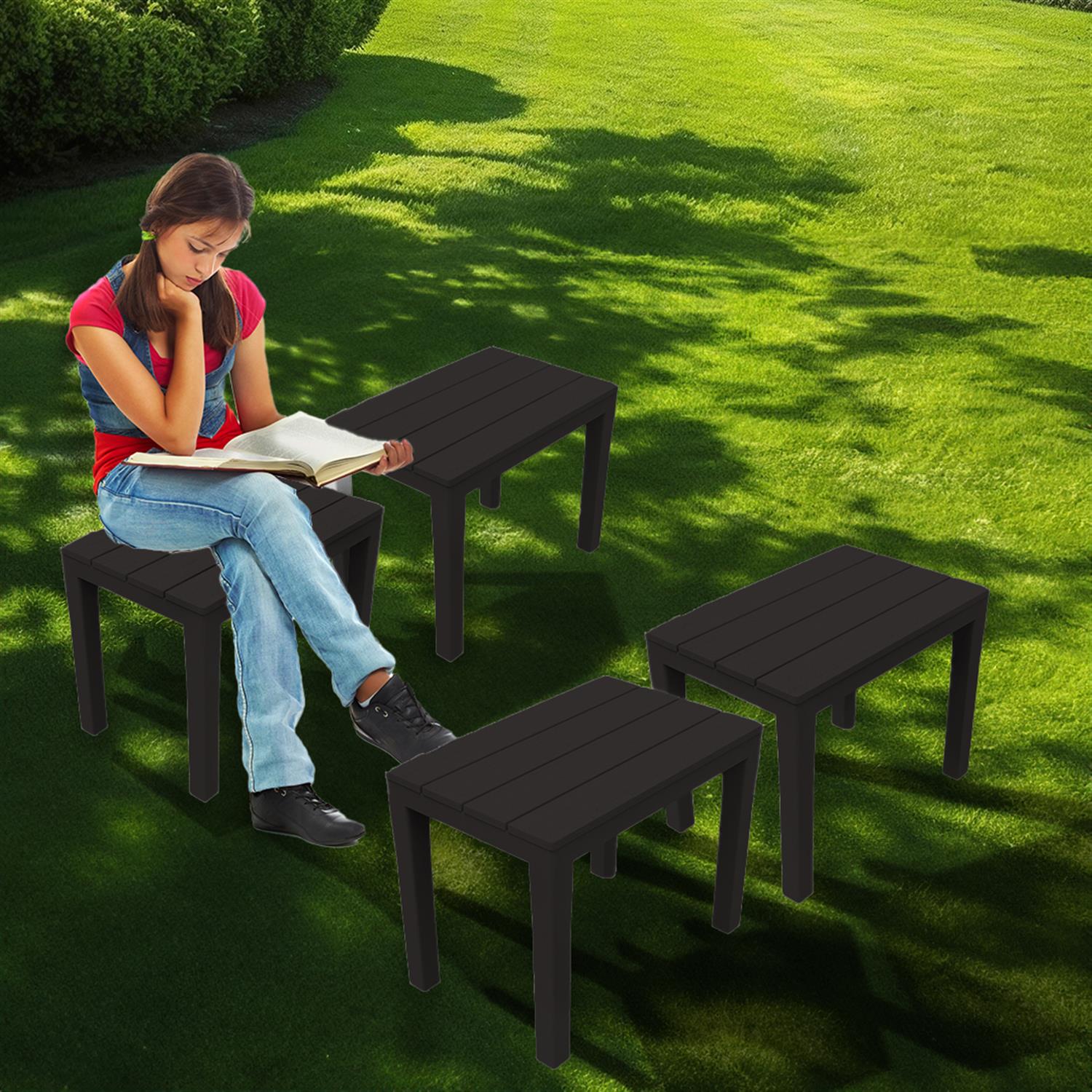 SET 4 PEZZI PANCHINA/TAVOLO DOPPIAFUNZIONE TIMOR IN POLIPROPILENE DA ESTERNO ANTRACITE 60 X 38 X 45 CM