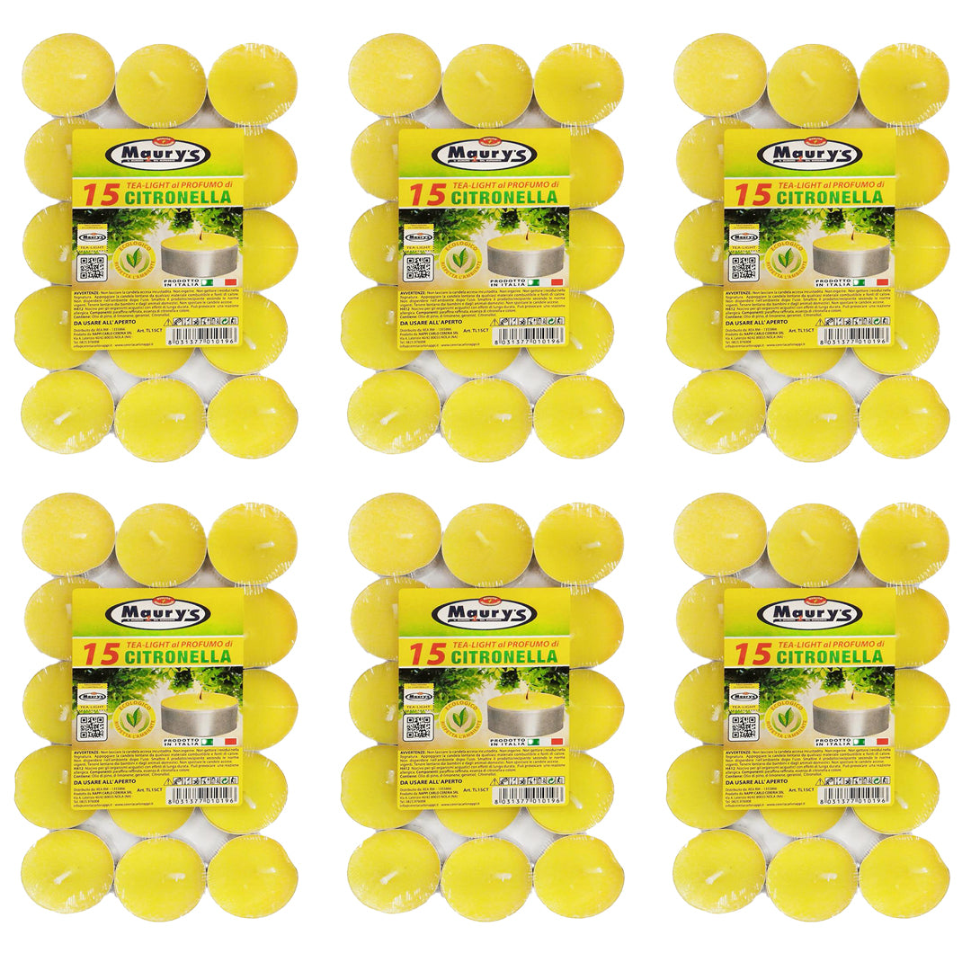 MAURY'S CANDELINE TEA LIGHT 90 PZ GIALLE CON OLIO DI CITRONELLA E BASE IN METALLO