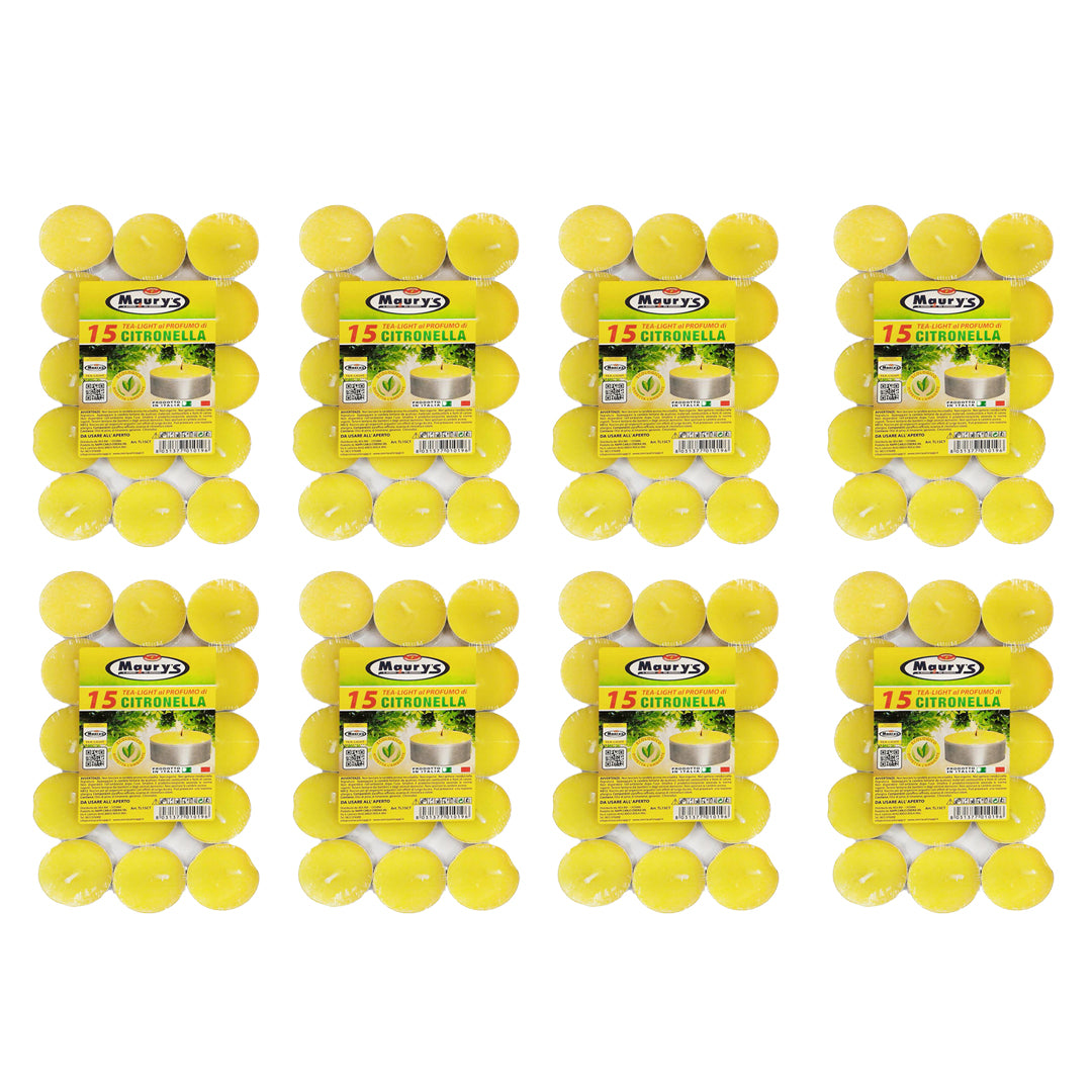 MAURY'S CANDELINE TEA LIGHT 120 PZ GIALLE CON OLIO DI CITRONELLA E BASE IN METALLO