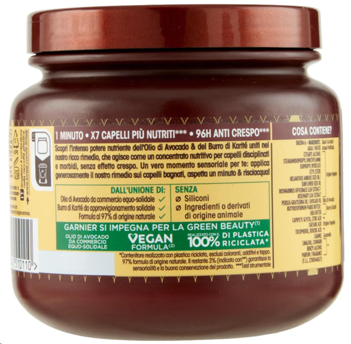 SET 3 GARNIER ULTRA DOLCE MASCHERA NUTRIENTE PER CAPELLI SECCHI E CRESPI IN 1 MINUTO AVOCADO E BURRO DI KARITÉ 340 ML