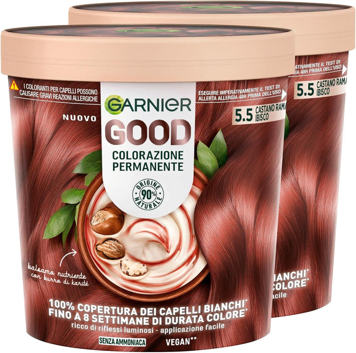 SET 2 GARNIER GOOD TINTA CAPELLI 5.5 CASTANO RAMATO IBISCO COLORAZIONE PERMANENTE SENZA AMMONIACA 90% NATURALE