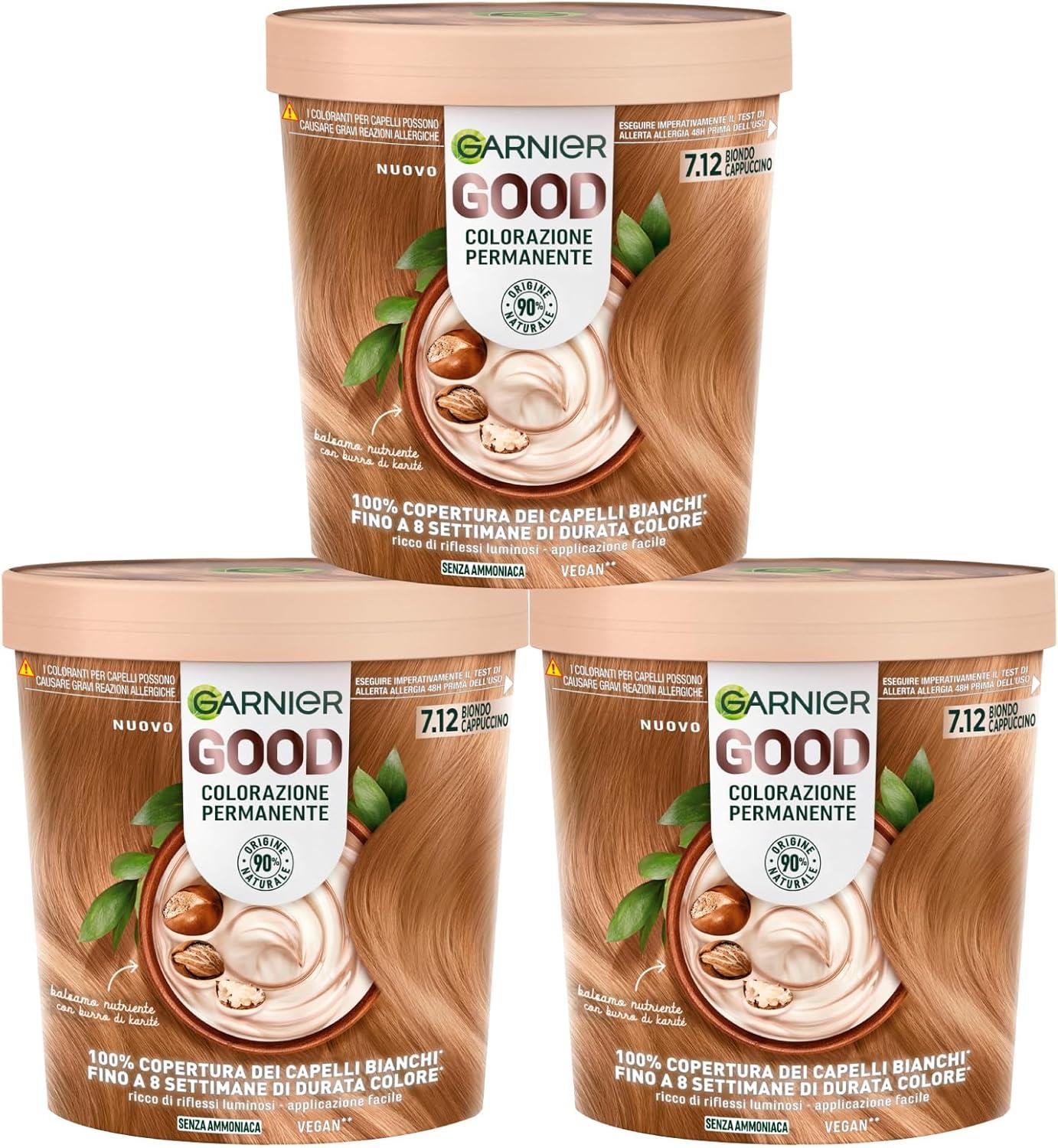 SET 3 GARNIER GOOD TINTA CAPELLI 7.12 BIONDO CAPPUCCINO COLORAZIONE PERMANENTE SENZA AMMONIACA 90% NATURALE