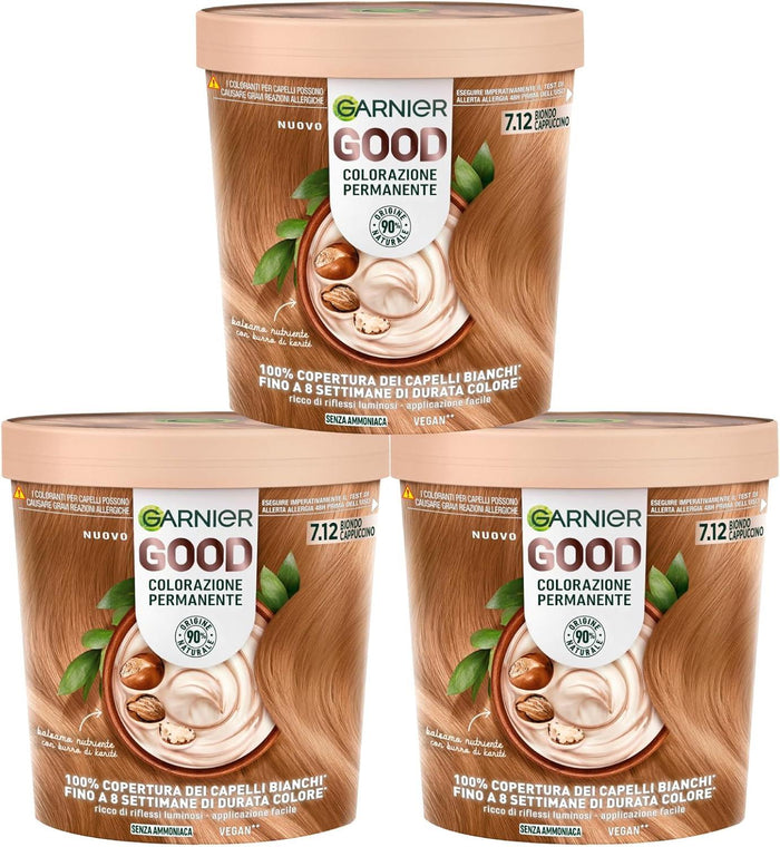 SET 3 GARNIER GOOD TINTA CAPELLI 7.12 BIONDO CAPPUCCINO COLORAZIONE PERMANENTE SENZA AMMONIACA 90% NATURALE