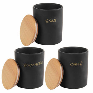 SET 3 BARATTOLI DA CUCINA TONDI PER CAFFÈ/SALE/ZUCCHERO  10X13 CM L'UNO CON TAPPO ERMETICO IN LEGNO COLORE NERO