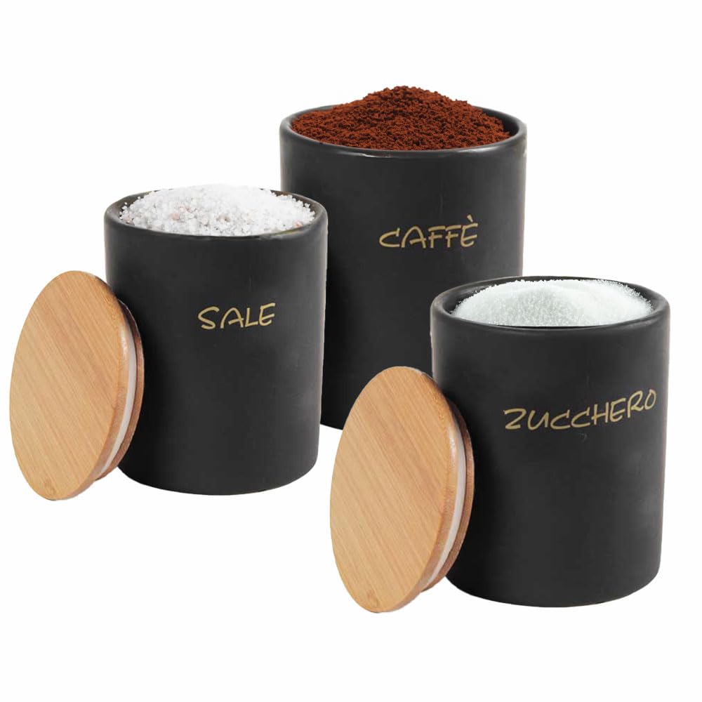 SET 3 BARATTOLI DA CUCINA TONDI PER CAFFÈ/SALE/ZUCCHERO  10X13 CM L'UNO CON TAPPO ERMETICO IN LEGNO COLORE NERO