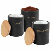 SET 3 BARATTOLI DA CUCINA TONDI PER CAFFÈ/SALE/ZUCCHERO  10X13 CM L'UNO CON TAPPO ERMETICO IN LEGNO COLORE NERO