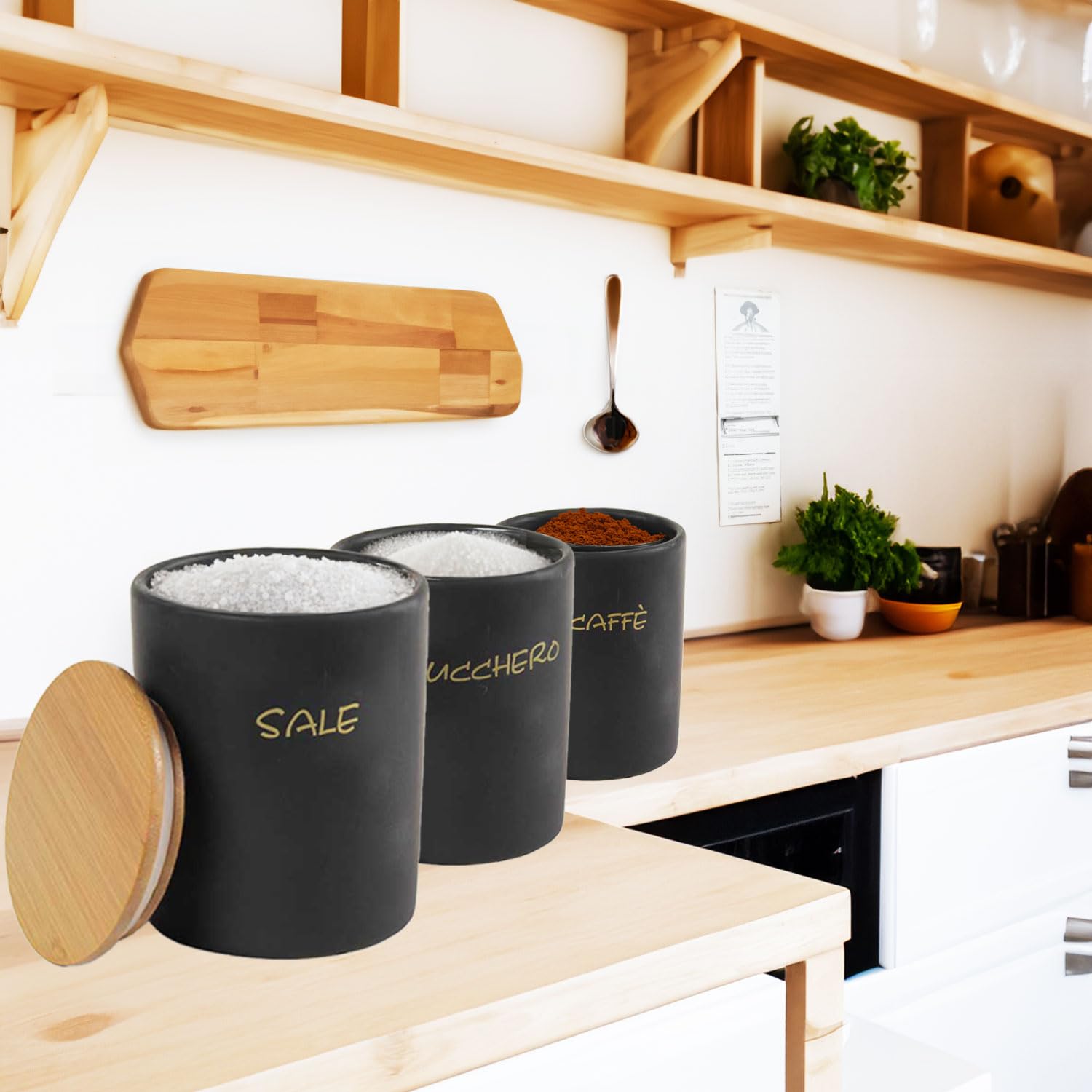 SET 3 BARATTOLI DA CUCINA TONDI PER CAFFÈ/SALE/ZUCCHERO  10X13 CM L'UNO CON TAPPO ERMETICO IN LEGNO COLORE NERO