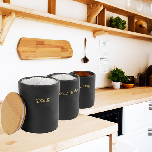 SET 3 BARATTOLI DA CUCINA TONDI PER CAFFÈ/SALE/ZUCCHERO  10X13 CM L'UNO CON TAPPO ERMETICO IN LEGNO COLORE NERO