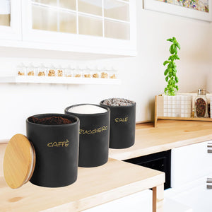 SET 3 BARATTOLI DA CUCINA TONDI PER CAFFÈ/SALE/ZUCCHERO  10X13 CM L'UNO CON TAPPO ERMETICO IN LEGNO COLORE NERO