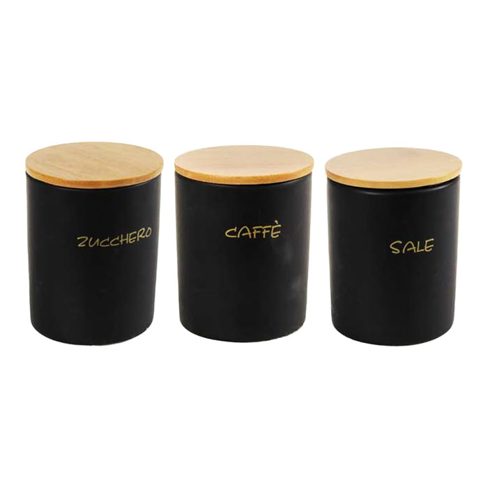 SET 3 BARATTOLI DA CUCINA TONDI PER CAFFÈ/SALE/ZUCCHERO  10X13 CM L'UNO CON TAPPO ERMETICO IN LEGNO COLORE NERO
