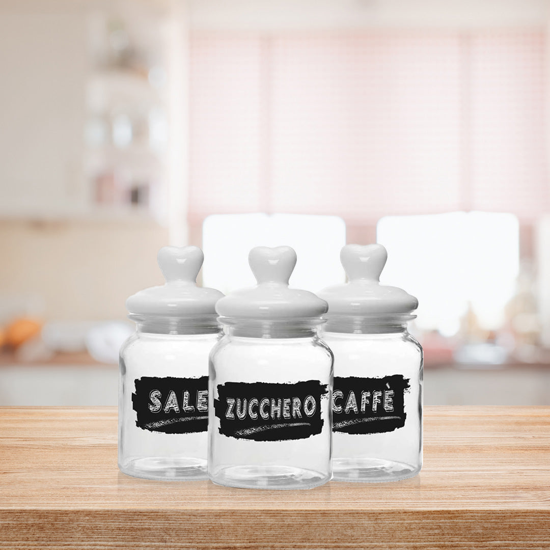 TRIS BARATTOLI IN VETRO CON TAPPO IN CERAMICA A CUORE DA 1000 ML 11X21 CM SALE,ZUCCHERO E CAFFÈ