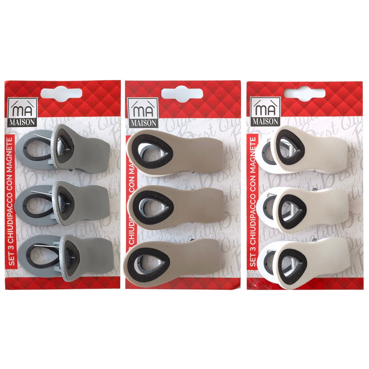 MAURY'S SET 3 MOLLETTE CHIUDIPACCO CON MAGNETE IN COLORAZIONE ASSORTITA