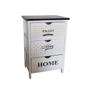 ENJOY MOBILE A 3 CASSETTI SLIM 40X29X58 CM BIANCO CON SCRITTE E TOP NERO