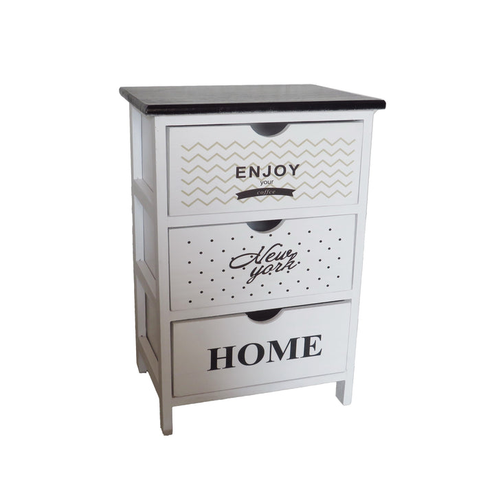 ENJOY MOBILE A 3 CASSETTI SLIM 40X29X58 CM BIANCO CON SCRITTE E TOP NERO