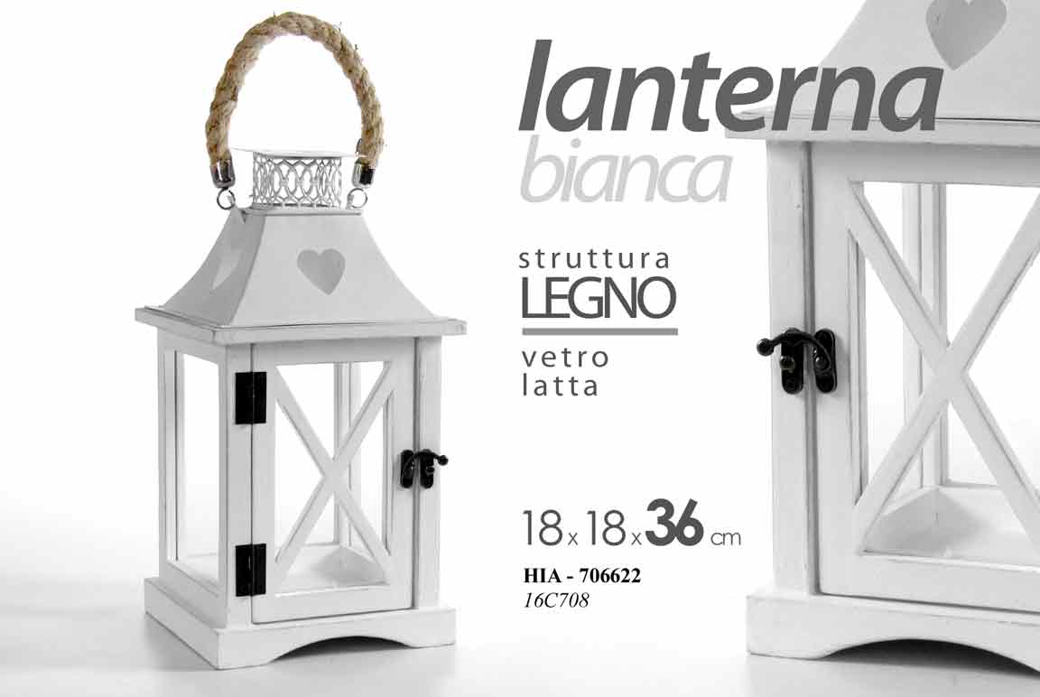LANTERNA CON STRUTTURA IN LEGNO 17.5 X 17.5 X 36 CM COLORE BIANCO