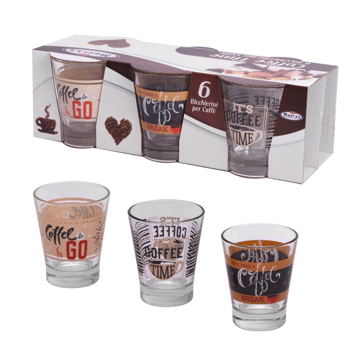 MAURY'S COFFEE TIME 6 BICCHIERI IN VETRO DA CAFFÈ CON DISEGNO MISURA 5X7H CM ASSORTITO