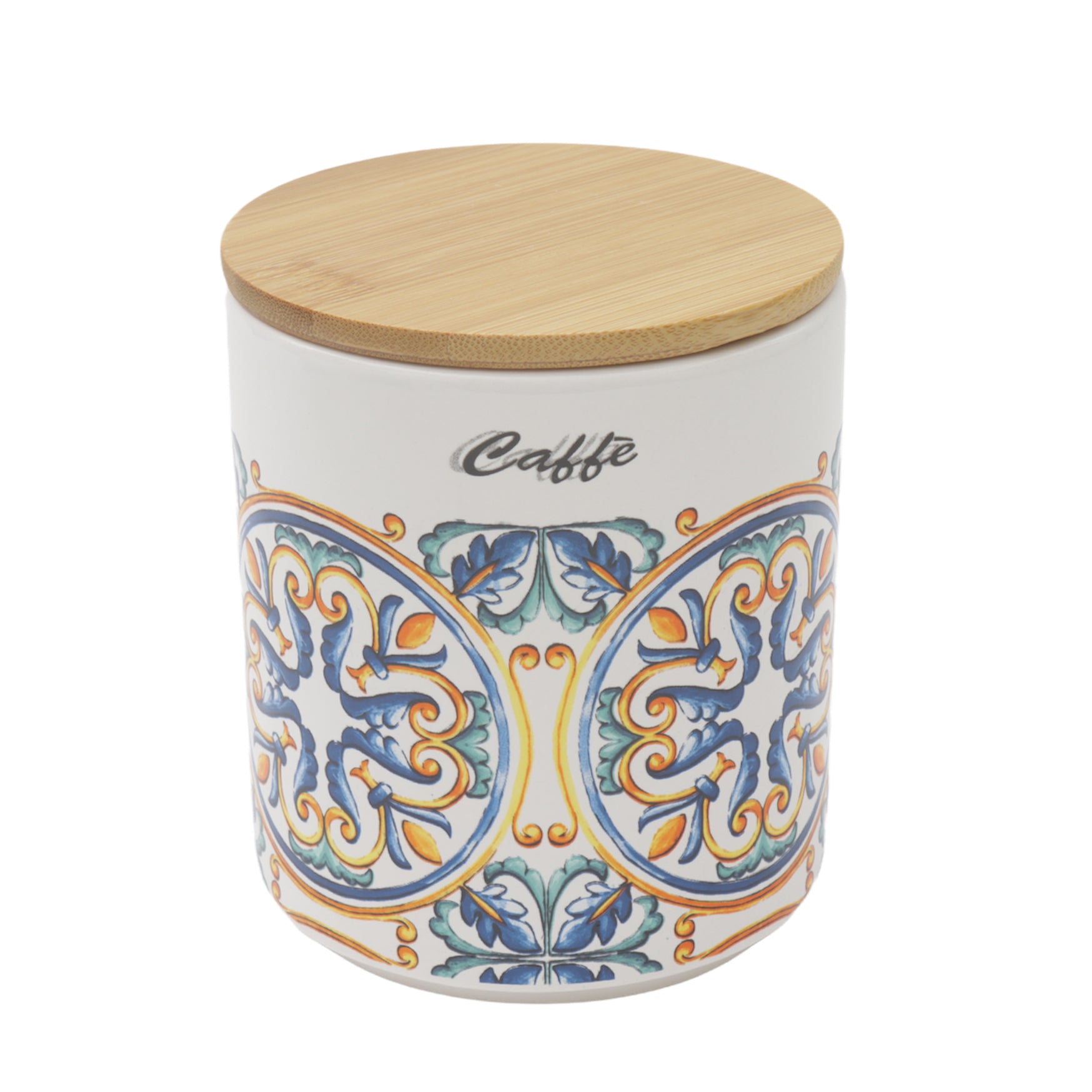 BARATTOLO DA CAFFÈ TONDO 10 X H 12 CM CON DECORI E TAPPO IN LEGNO