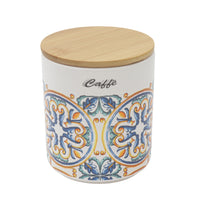 BARATTOLO DA CAFFÈ TONDO 10 X H 12 CM CON DECORI E TAPPO IN LEGNO