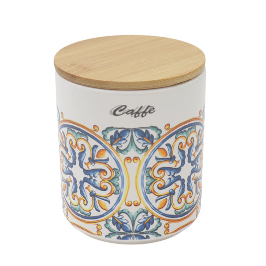 BARATTOLO DA CAFFÈ TONDO 10 X H 12 CM CON DECORI E TAPPO IN LEGNO